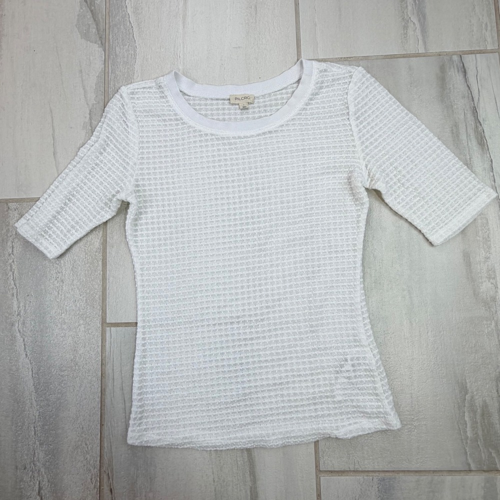 Pilcro White Textured Knit Elbow Sleeve Crew Neck Top Small